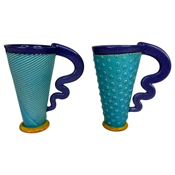 Margo West Studio Pottery Coffee Mugs Set Of 2 Art Deco Style Blue Purple - Picture 1 of 8
